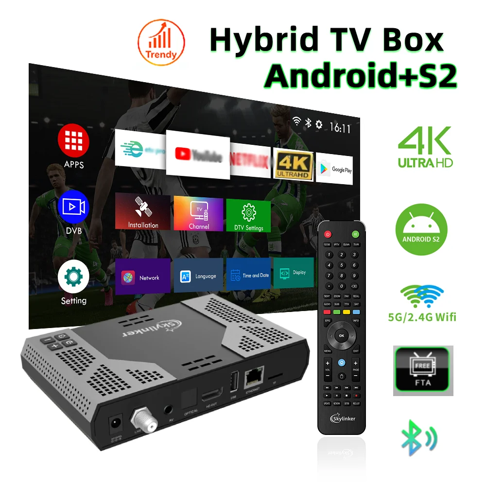 Skylinker Z8 4K Android DVB-S2 Hybrid TV Box 5G Wifi 2+16GB OTT+DVB-S/S2 FTA Decoder Digital Satellite TV Receiver Set-top Box